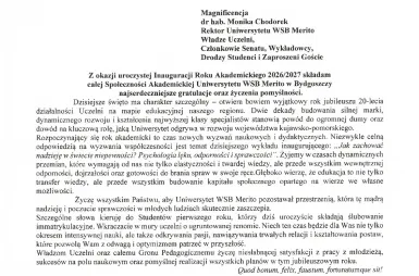 Inauguracja Roku Akademickiego 2026/2027 [GALERIA ZDJĘĆ] | Aktualności | Uniwersytet WSB Merito Bydgoszcz: list kuratorium oświaty