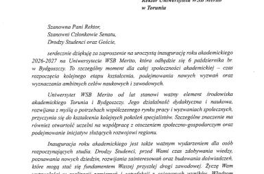 Inauguracja Roku Akademickiego 2026/2027 [GALERIA ZDJĘĆ] | Aktualności | Uniwersytet WSB Merito Bydgoszcz: list wojewoda