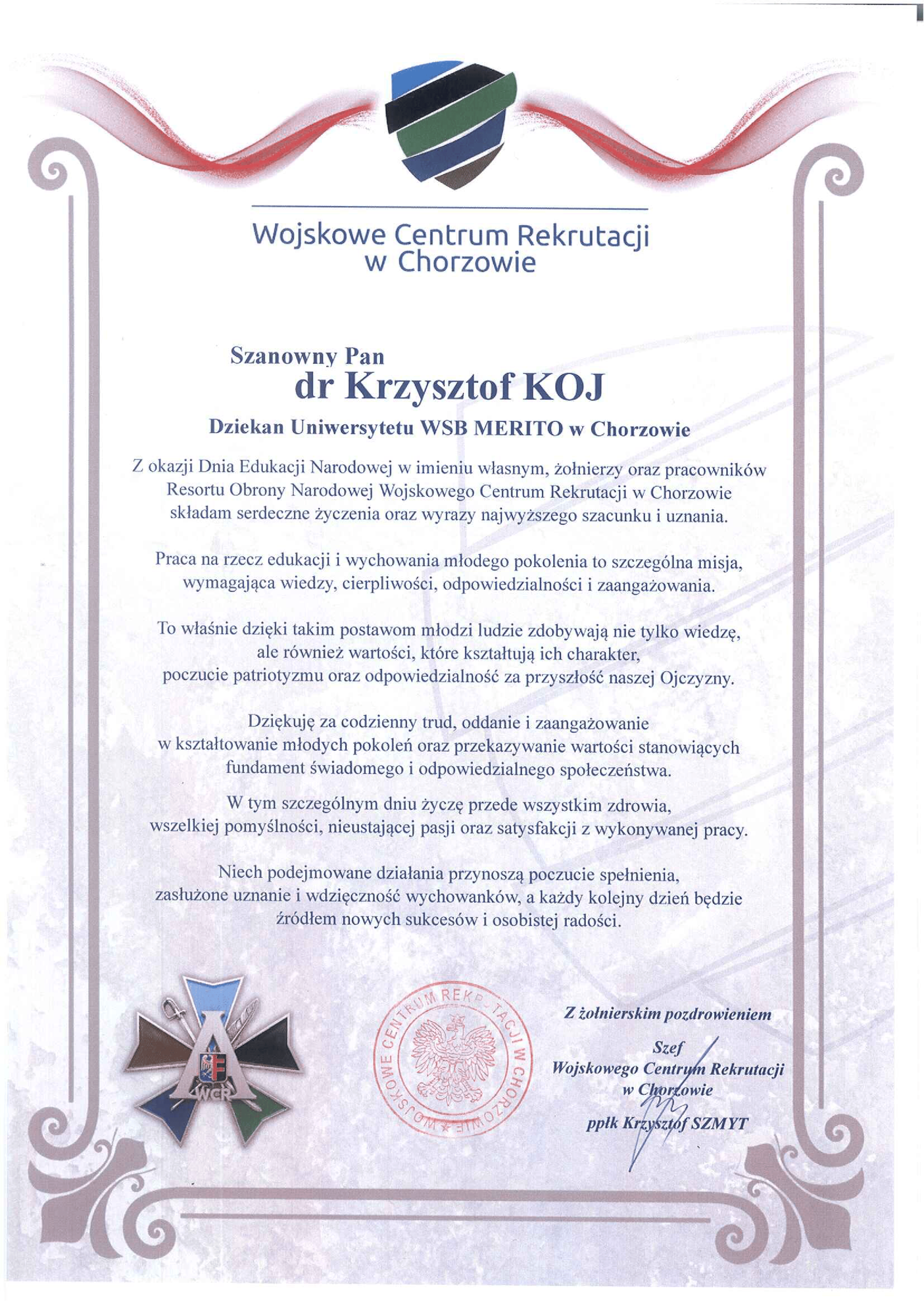 dyplom od Wojskowego Centrum Rektrutacji