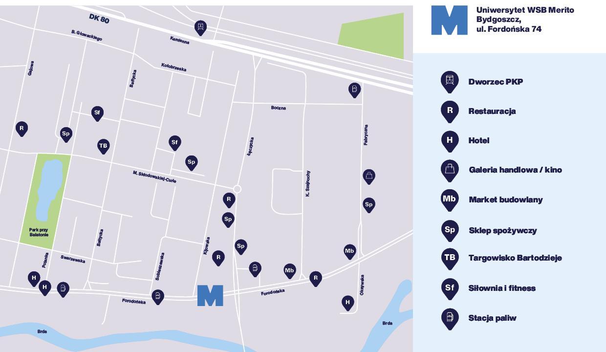 infografika przedstawiająca Uniwersytet WSB Merito Bydgoszcz na mapie najbliższej okolicy
