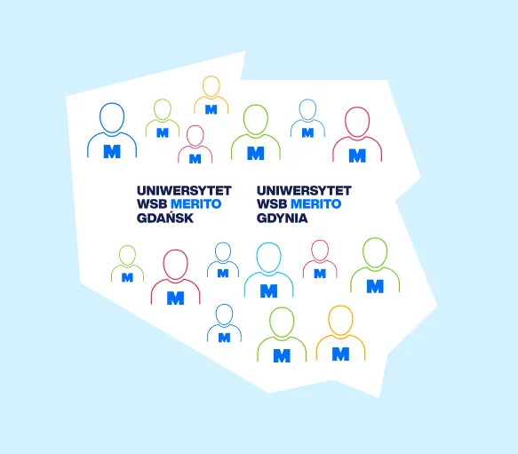 Rankings and accreditations | WSB Merito Gdańsk University: Grafika z mapką Polski i nazwami UWSB Merito Gdańsk i Gdynia. Na mapce znajdują się również ikonki ludzi z napisem "m" czyli studentów