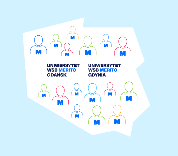 Rankings and accreditations | WSB Merito Gdańsk University: Grafika z mapką Polski i nazwami UWSB Merito Gdańsk i Gdynia. Na mapce znajdują się również ikonki ludzi z napisem "m" czyli studentów
