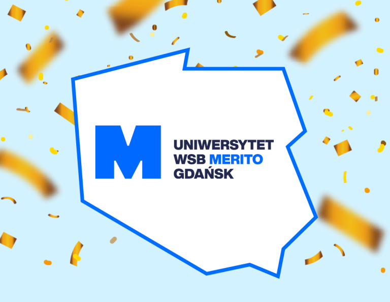 Rankings and accreditations | WSB Merito Gdańsk University: Grafika pokazująca mapę Polski, gdzie w jej środku znajduje się napis "Uniwersytet WSB Merito Gdańsk". Wokół unoszą się złote serpentyny