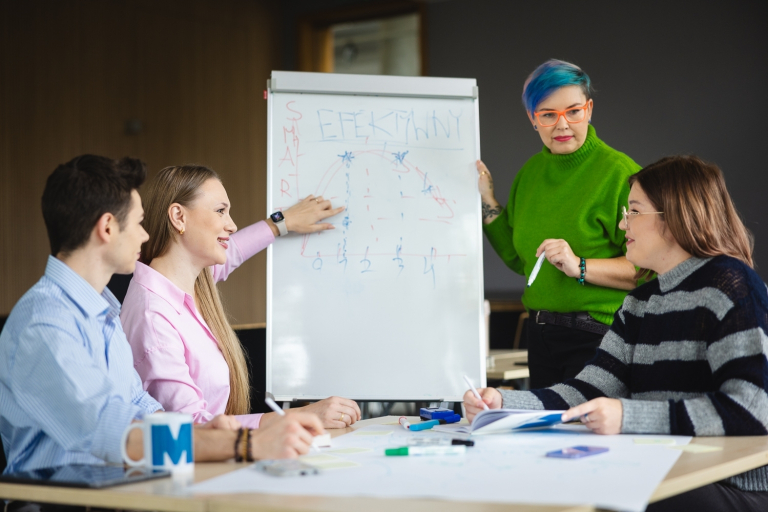 Management, studia II stopnia, magisterskie: Grupa studentów pracująca nad projektem pod okiem wykładowcy