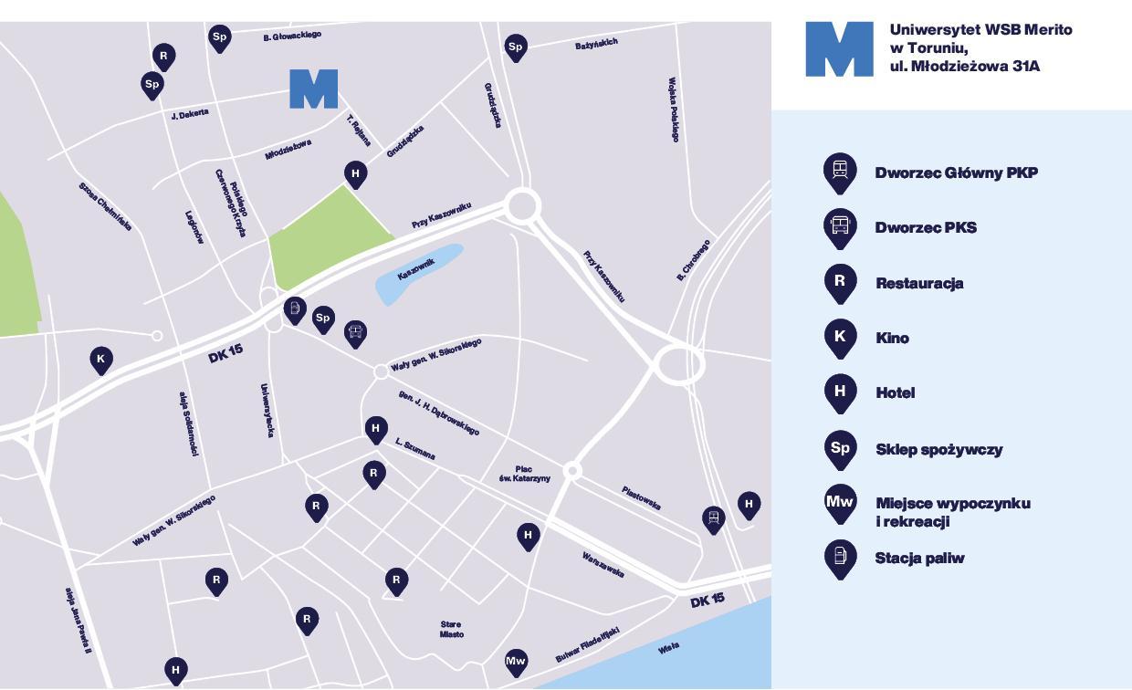 infografika przedstawiająca Uniwersytet WSB Merito na mapie najbliższej okolicy