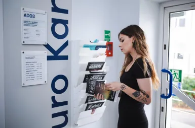 Our campus | WSB Merito Toruń University: studentka przed gabinetem biura karier, przegląda magazyn