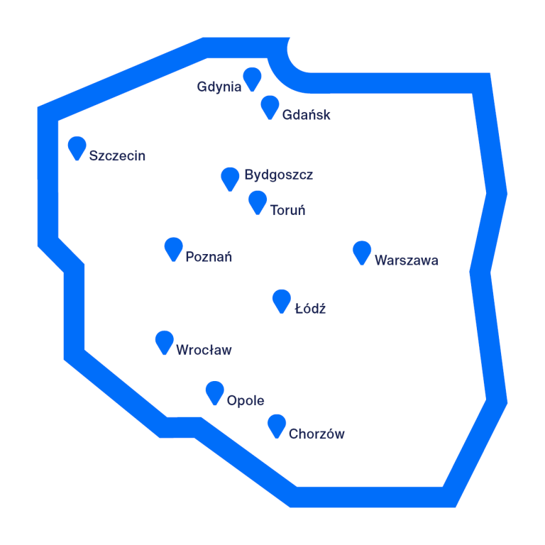 Who we are | WSB Merito Toruń University: uproszczona mapa Polski z oznaczonymi lokalizacjami Uniwersytetów WSB Merito