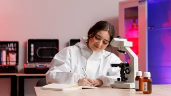 Kryminalistyka i kryminologia | Uniwersytet WSB Merito w Gdańsku: Studentka spisuje obserwacje po oglądaniu dowodu pod mikroskopem