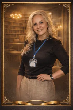 Kobieta w blond włosach na tle wygenerowanej biblioteki