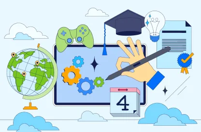 Aktualności | Uniwersytet WSB Merito w Gdańsku: Ilustracja do Dni otwartych WIiNT przedstawiający rękę tworzącą na tablecie, obok jest ikonka globu, biretu, żarówki