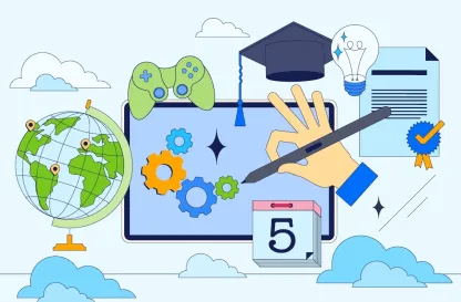 Aktualności | Uniwersytet WSB Merito w Gdańsku: Ilustracja do Dni otwartych WIiNT przedstawiający rękę tworzącą na tablecie, obok jest ikonka globu, biretu, żarówki