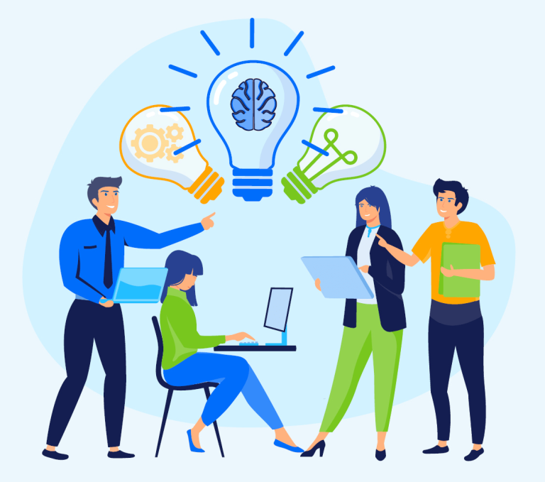 III Olimpiada Biznesu dla szkół średnich | Uniwersytet WSB Merito w Gdańsku: Ilustracja do Olimpiady Biznesu, która przedstawia czwórkę pracujących ludzi oraz 3 żarówki nad nimi symbolizujące ideę