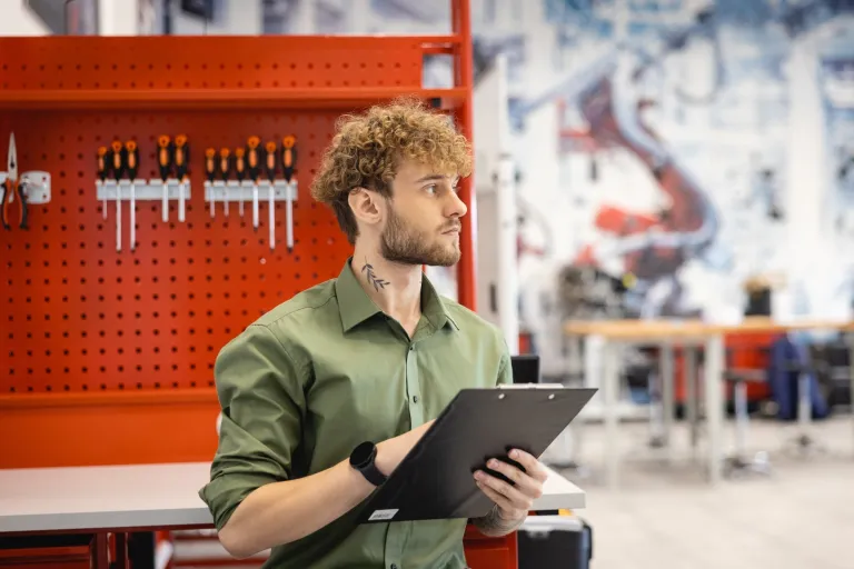 Logistyka | Uniwersytet WSB Merito w Gdańsku: Student z notatkami, obok niego wiszą śrubokręty