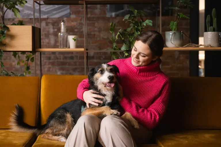 Zarządzanie projektami i Agile w praktyce | Uniwersytet WSB Merito w Gdańsku: Studentka na kanapie z kundelkiem