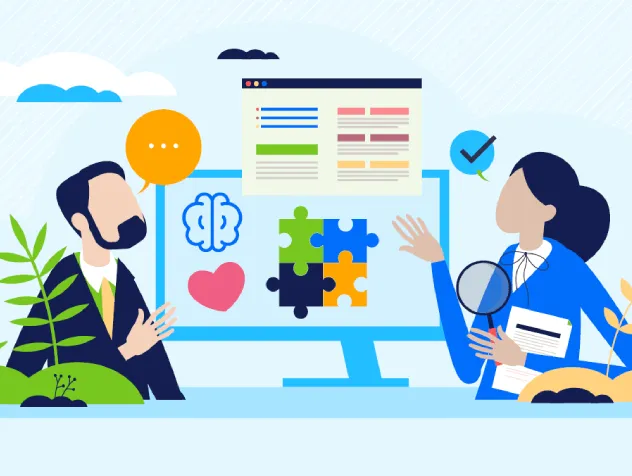 Dni otwarte Wydziału Społeczno-Humanistycznego | Aktualności | Uniwersytet WSB Merito w Gdańsku: Ilustracja do Dni otwartych WSH z kobietą i mężczyzną patrzącego w ekran, gdzie znajdują się puzzle, serce czy mózg
