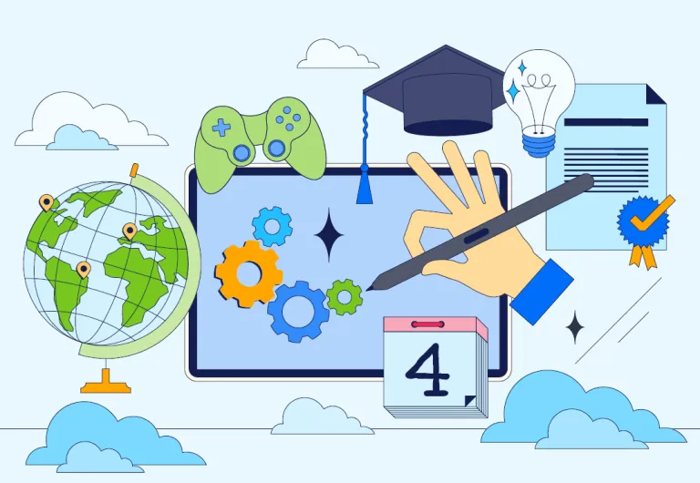 Dni otwarte Wydziału Informatyki i Nowych Technologii | Aktualności | Uniwersytet WSB Merito w Gdańsku: Ilustracja do Dni otwartych WIiNT przedstawiający rękę tworzącą na tablecie, obok jest ikonka globu, biretu, żarówki