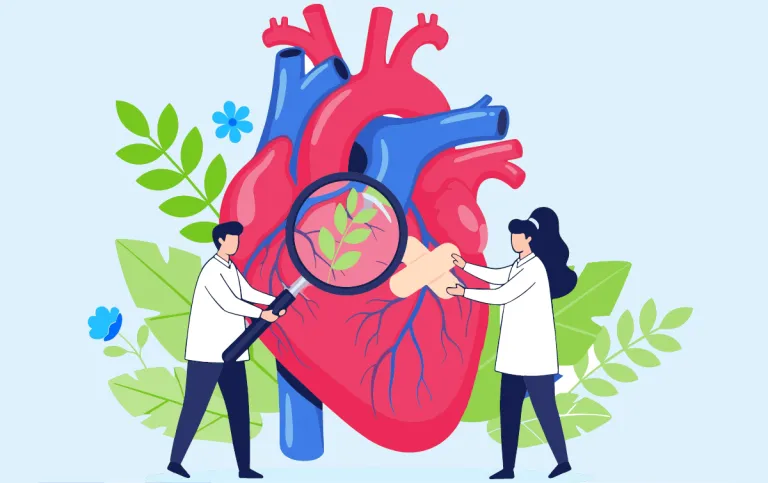 Dni otwarte Wydziału Zdrowia | Aktualności | Uniwersytet WSB Merito w Gdańsku: Ilustracja z sercem roślinami i dwiema postaciami