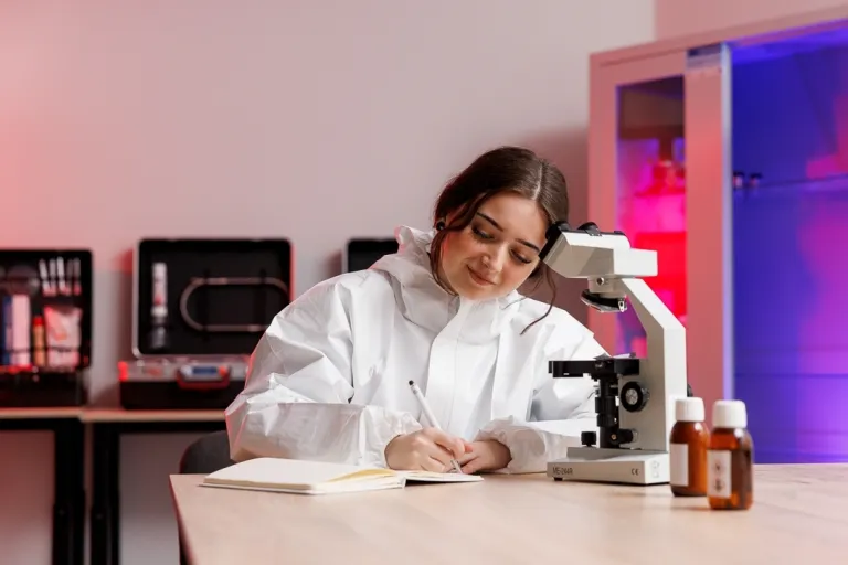 Kryminalistyka sądowa | Studia I stopnia w Gdańsku | Uniwersytet WSB Merito w Gdańsku: Studentka spisuje obserwacje po oglądaniu dowodu pod mikroskopem