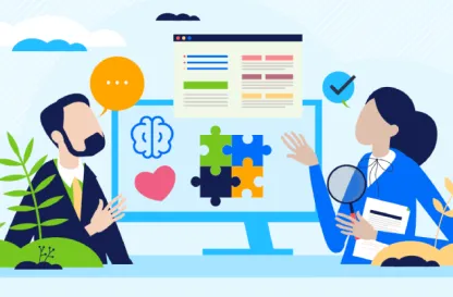 Aktualności | Uniwersytet WSB Merito Gdynia: Ilustracja do Dni otwartych WSH z kobietą i mężczyzną patrzącego w ekran, gdzie znajdują się puzzle, serce czy mózg