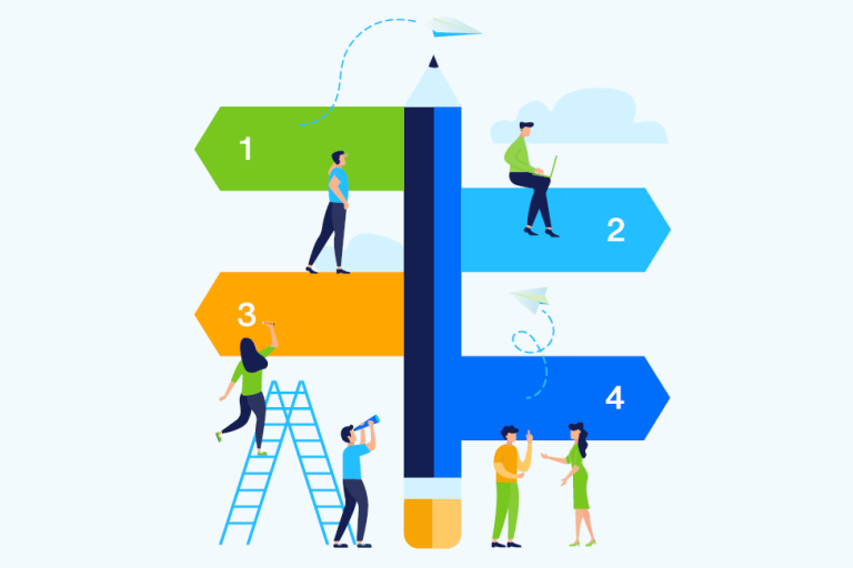 Maturzyści | Uniwersytet WSB Merito Gdynia: Grafika główna: dla maturzystów, grafika animowana z kierunkowskazem wskazującym 4 drogi, wokół niego są ludzie