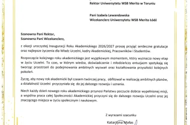 Uroczyście rozpoczęliśmy jubileuszowy rok akademicki 2026/2027 | Aktualności | Uniwersytet WSB Merito Łódź: List: Katarzyna Mołas, II Oddział ZUS w Łodzi