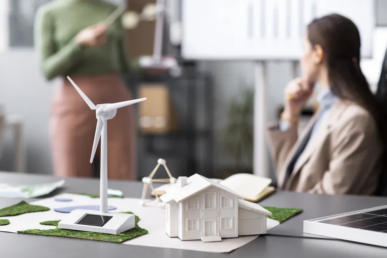Efektywność energetyczna, odnawialne źródła energii i inne narzędzia prowadzące do transformacji energetycznej | Studia podyplomowe w Opolu | Uniwersytet WSB Merito Opole: Model turbiny wiatrowej z osobami w tle