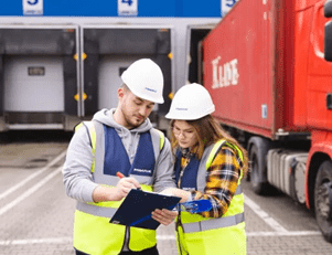 Psychologia transportu | Studia podyplomowe w Opolu | Uniwersytet WSB Merito Opole: Dwie osoby wypełniające dokumenty, stoją na parkingu dla samochodów dostawczych