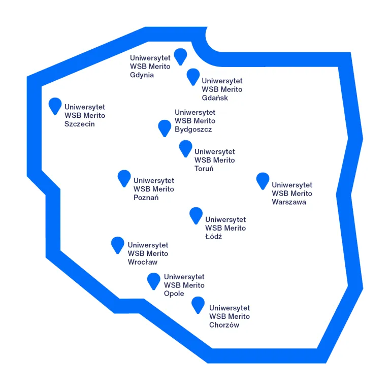 Poznaj nas | Uniwersytet WSB Merito w Poznaniu: mapka polski z uniwersytetami merito