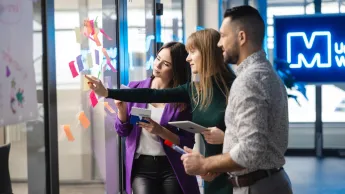 Leczenie otyłości | Studia podyplomowe w Szczecinie | Uniwersytet WSB Merito Szczecin: Studenci Uniwersytetu WSB Merito pracują nad kreatywnym projektem, organizując pomysły na kolorowych karteczkach.