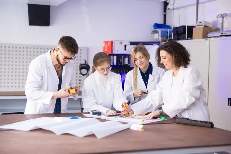 Zarządzanie jakością | Studia podyplomowe w Szczecinie | Uniwersytet WSB Merito Szczecin: Grupa studentów w fartuchach w sali laboratoryjnej