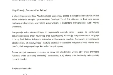 Inauguracja Roku Akademickiego 2026/2027 za nami! [GALERIA ZDJĘĆ] | Uniwersytet WSB Merito w Toruniu: List od prezesa zarządu Geofizyka Toruń S.A. - Pana Tomasza Wilka