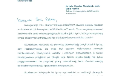 Inauguracja Roku Akademickiego 2026/2027 za nami! [GALERIA ZDJĘĆ] | Uniwersytet WSB Merito w Toruniu: list od posła Marcina Skonieczki