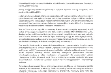 Inauguracja Roku Akademickiego 2026/2027 za nami! [GALERIA ZDJĘĆ] | Uniwersytet WSB Merito w Toruniu: list od Ministra Marcina Kulaska
