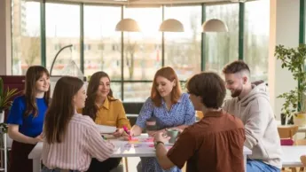 Psychologia w zarządzaniu | Studia II stopnia ze studiami podyplomowymi  | Uniwersytet WSB Merito Warszawa: Grupa studentów przy stole