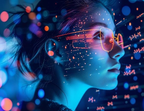 Strona główna | Uniwersytet WSB Merito Warszawa: twarz dziewczyny w otoczeniu wirtualnych bytów