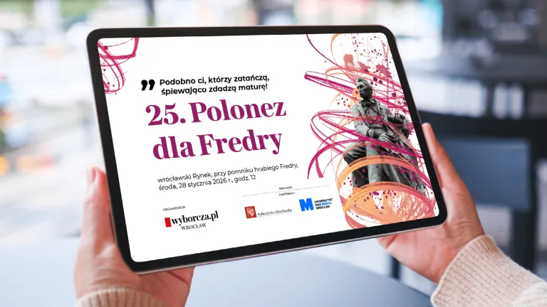 Polonez Maturzystów dla Fredry już 28 stycznia! | Aktualności | Uniwersytet WSB Merito we Wrocławiu: Polonez dla Fredry - plakat informacyjny o akcji